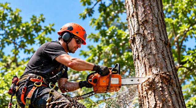 Arborist in an orange helmet cutting a tree with a chainsaw