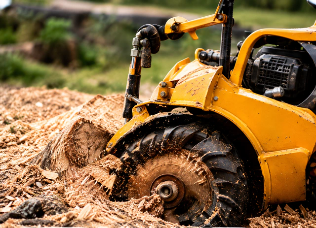 Yellow stump grinder removing a tree stump