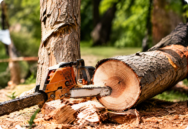 Chainsaw cutting a felled tree trunk