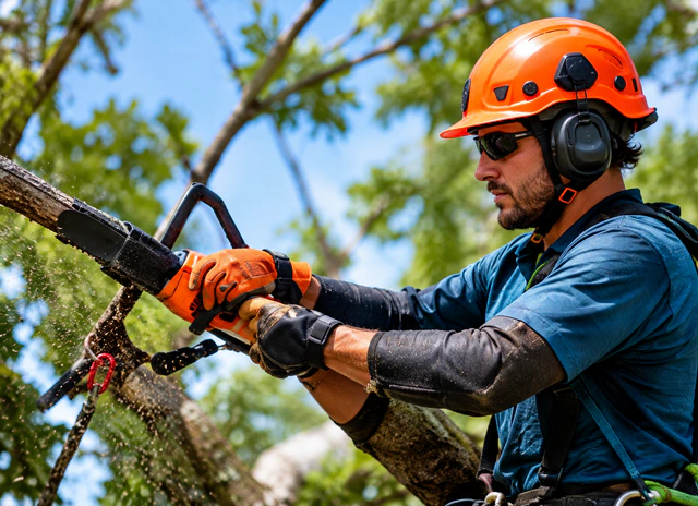 Arborist pruning branches in a tree